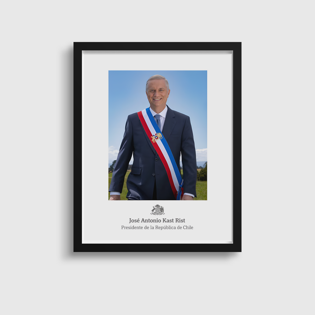 Cuadro presidencial oficial de José Antonio Kast en marco negro calidad museo.
